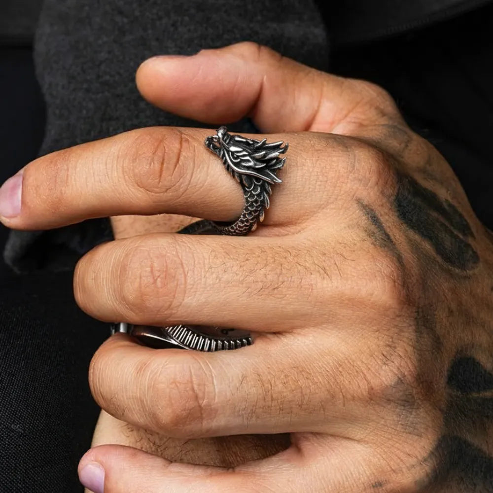 Anel Masculino Prata Dragon Black