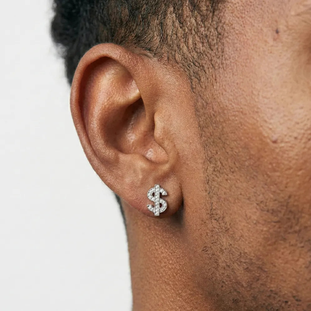 Brinco Masculino Diamante Cifrão Pedras Zircônias 3cm