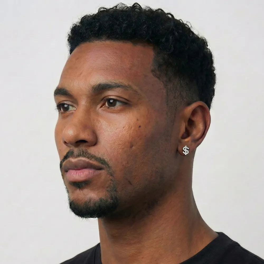 Brinco Masculino Diamante Cifrão Pedras Zircônias 3cm