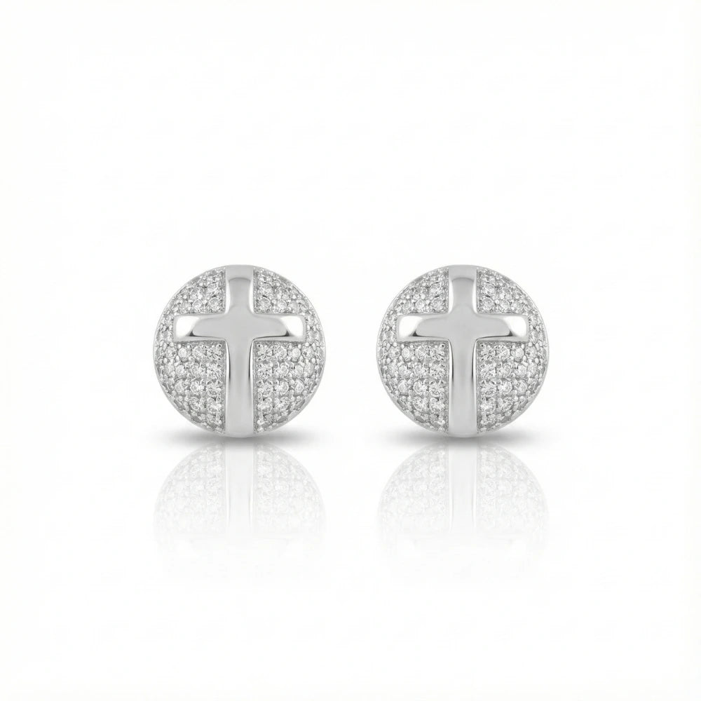 Brinco Masculino de Prata 925 Cruz com 20 Pedras Zircônias 7mm