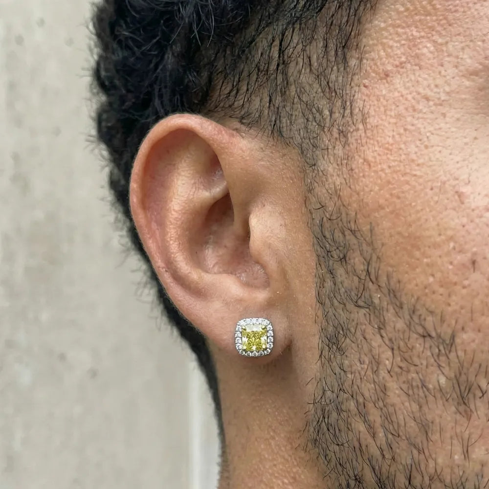 Brinco Masculino de Prata 925 Pedra Zircônia Amarela 9mm