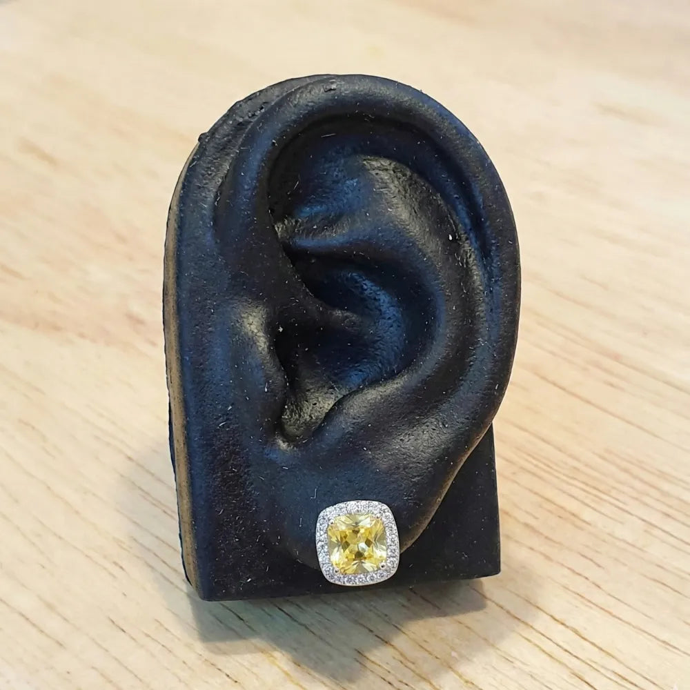 Brinco Masculino de Prata 925 Pedra Zircônia Amarela 9mm